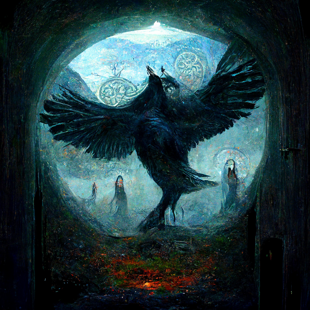 "portal of the pagan raven spirit" made with MidJourney