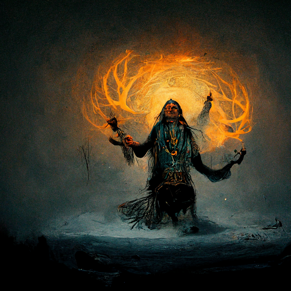"shaman summoning the norse spirit of life" made with MidJourney