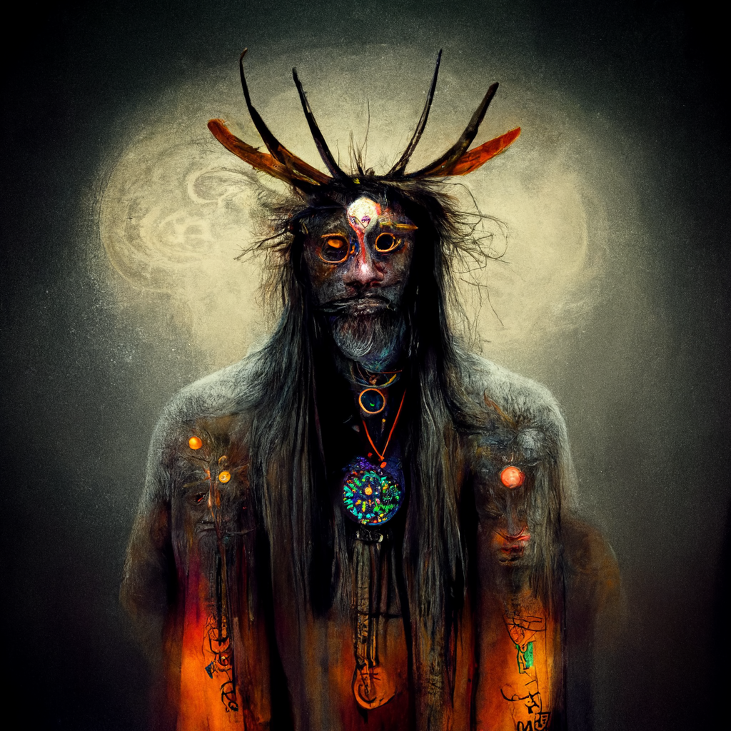 "a psychadellic pagan shaman" made with MidJourney