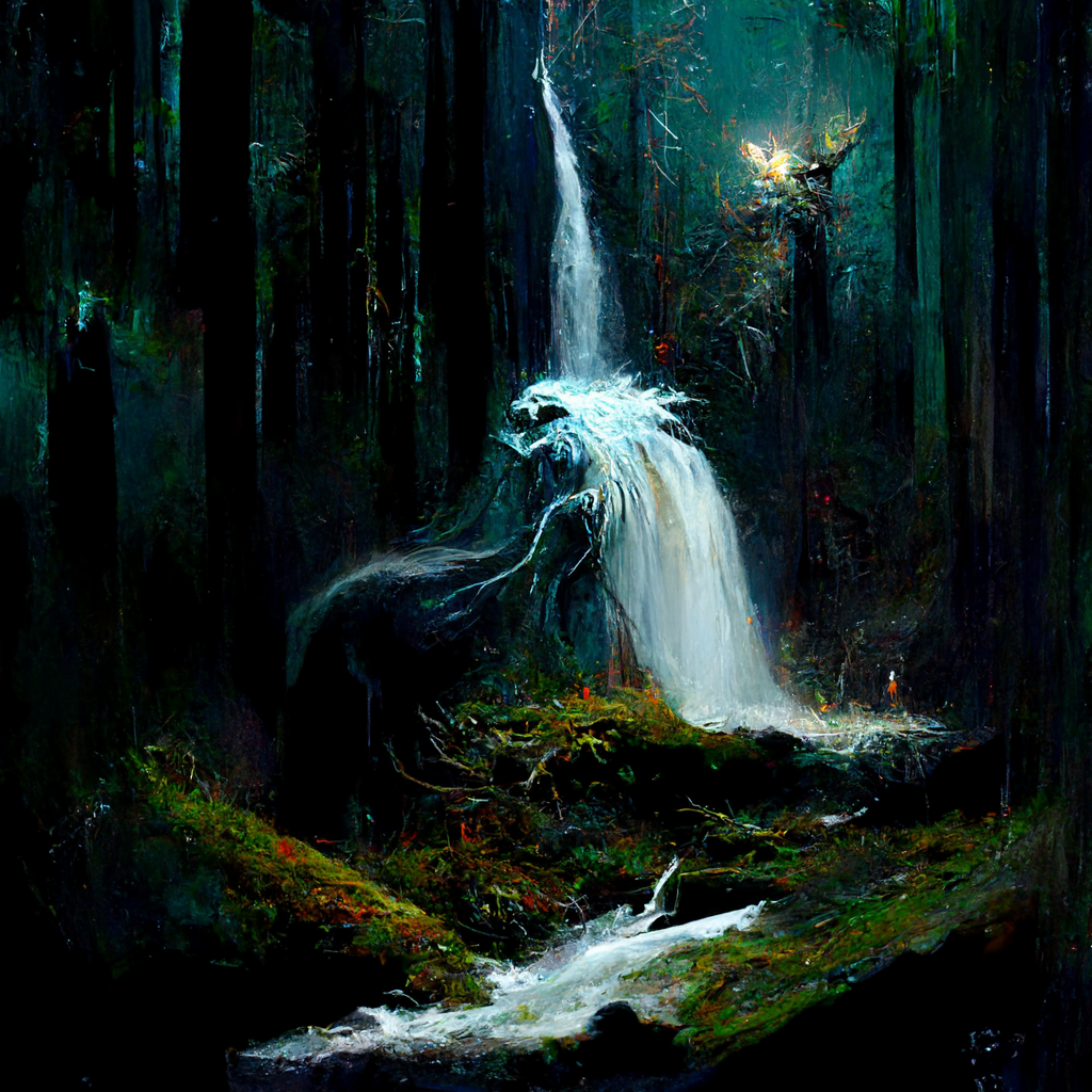 "a fierce and mystical land spirit from the dark forest with a waterfall below" made with MidJourney