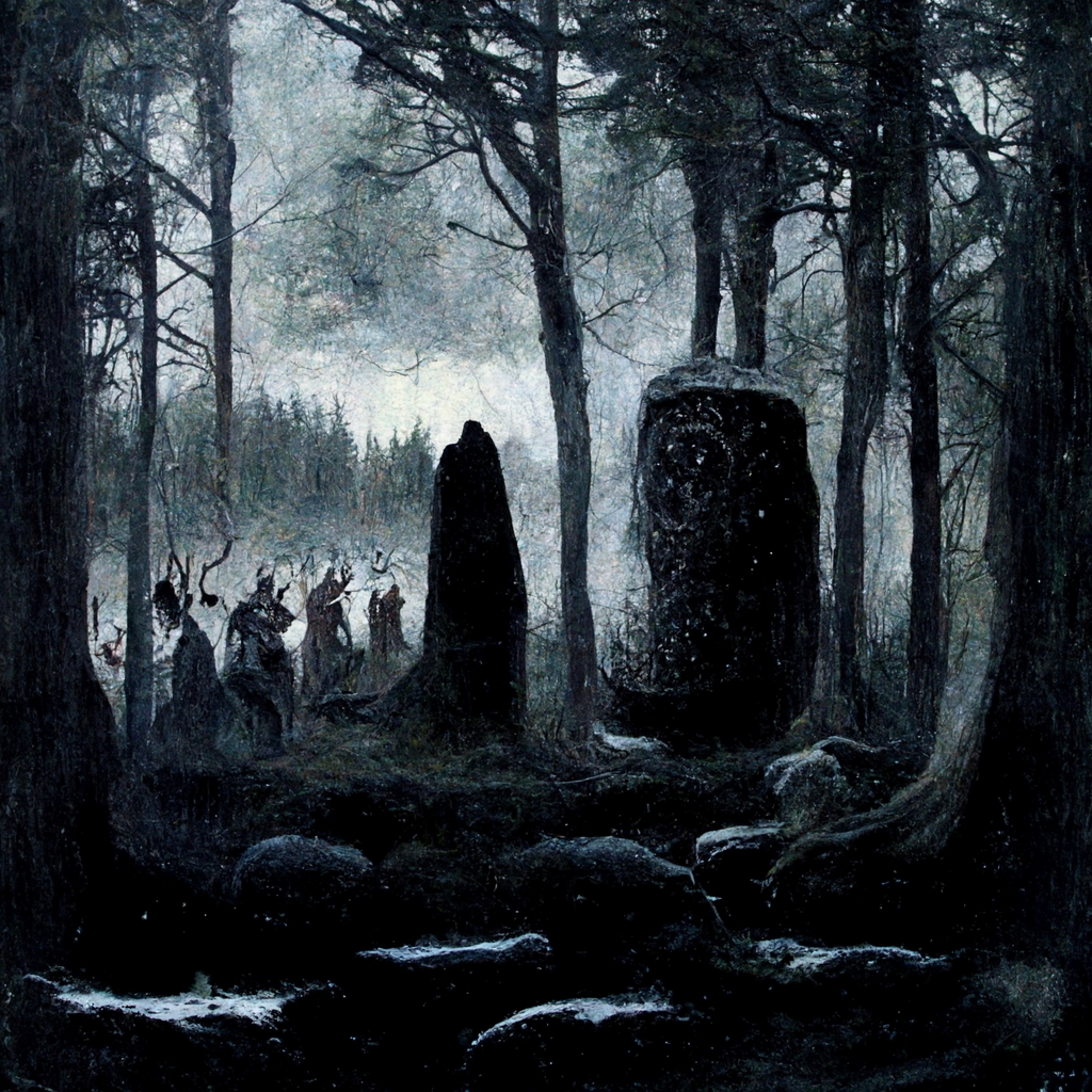 "an old norse dark monolith in the forest surrounded by spirits" made with MidJourney