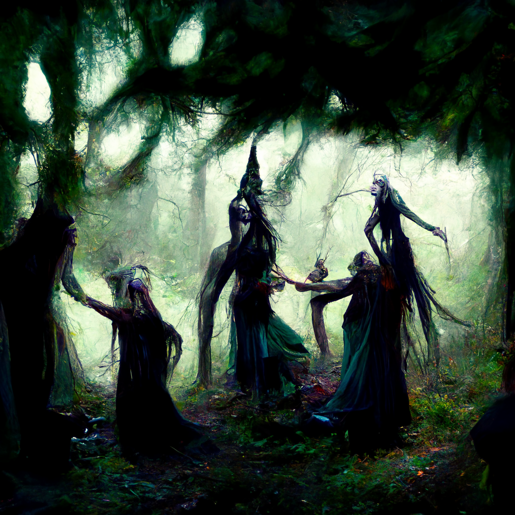 "dark forest spirit ritual with elves" made with MidJourney