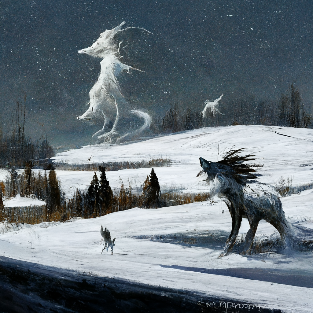 "ephemeral wolf spirit in snow plains" made with MidJourney