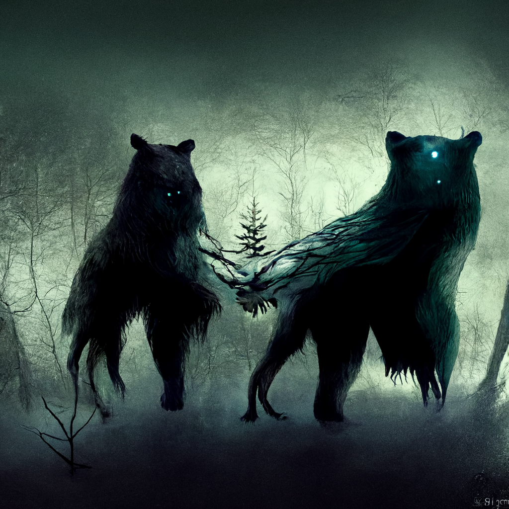 "a bear spirit and a wolf spirit that are intertwined in the dark forest" made with MidJourney