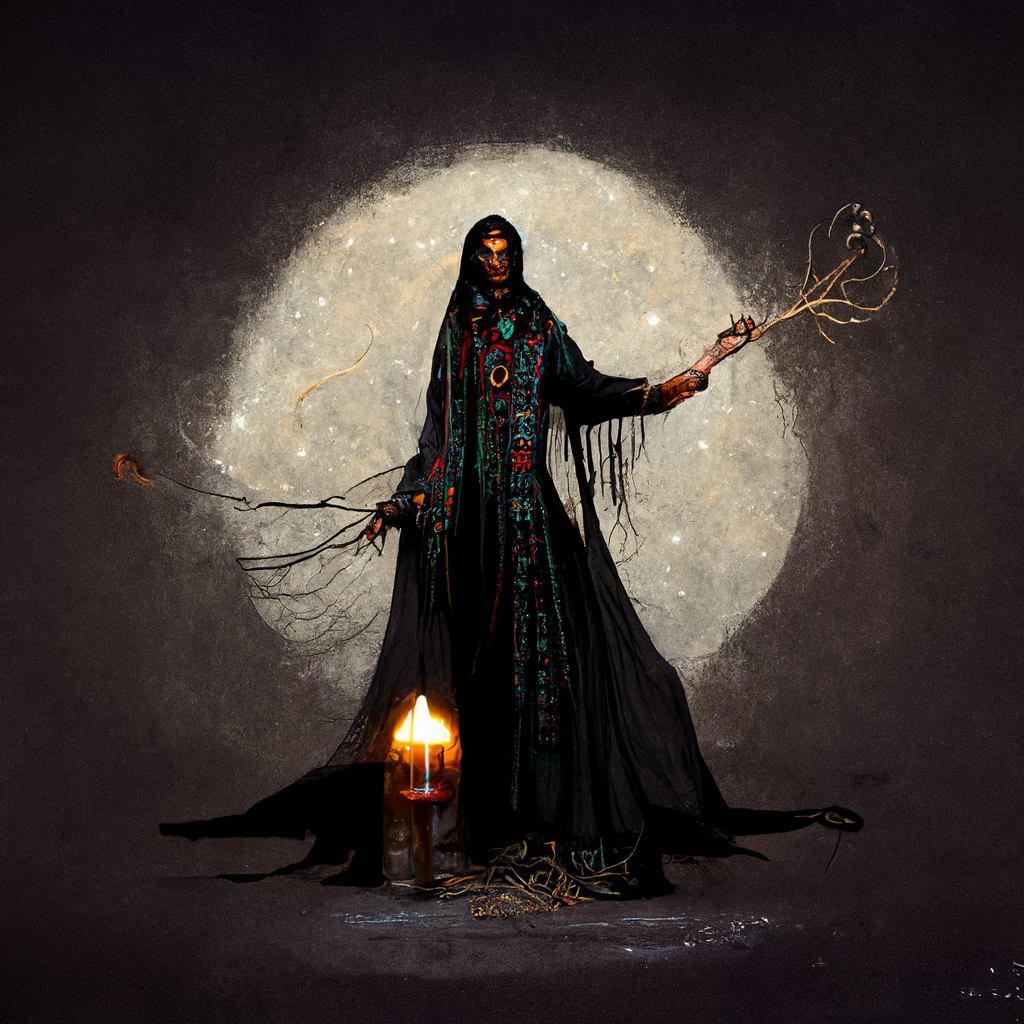 "pagan dark spirit weaver" made with MidJourney
