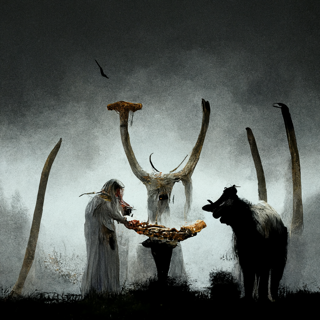 "druid ritual with animal bones" made with MidJourney