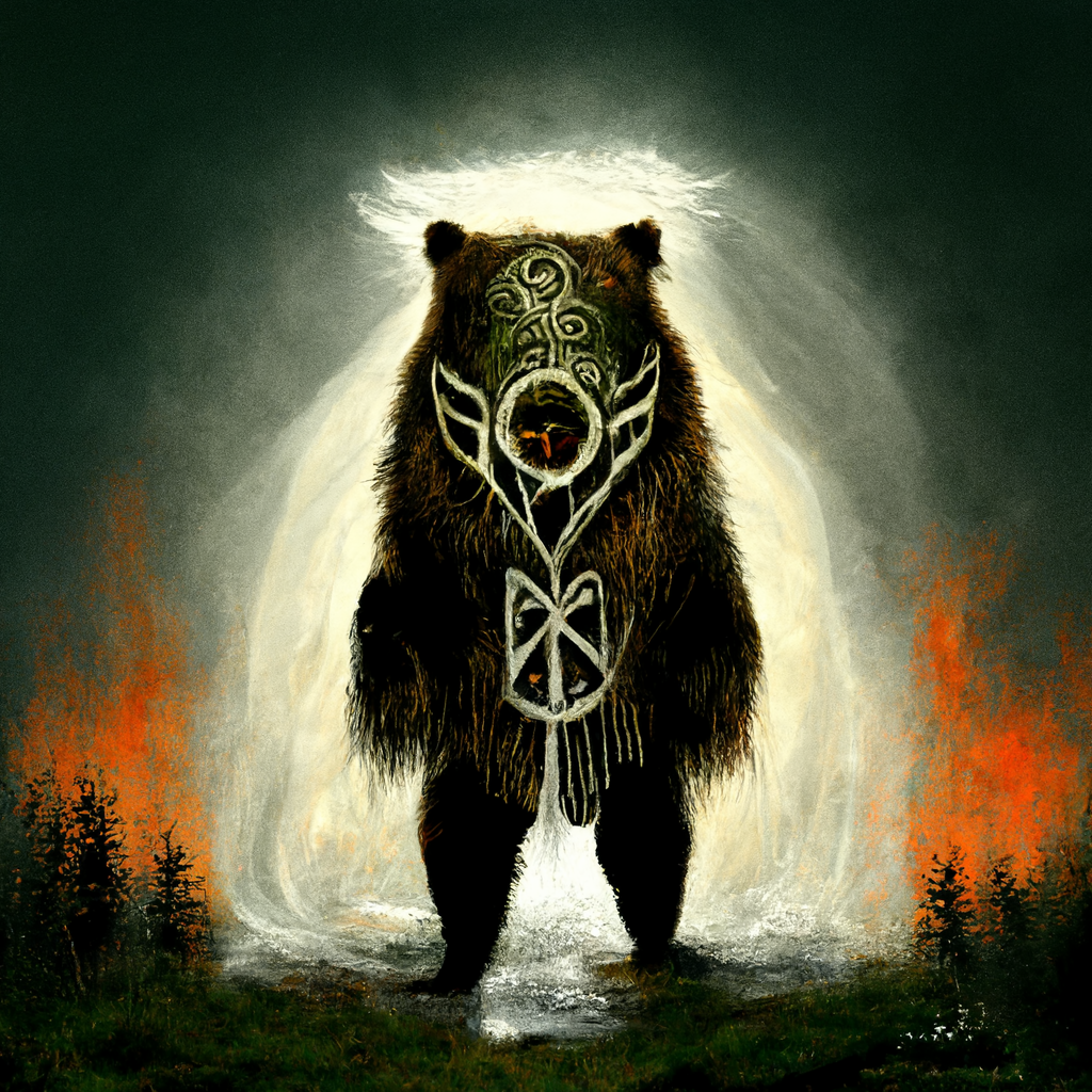 "half warrior half bear spirit paganism" made with MidJourney