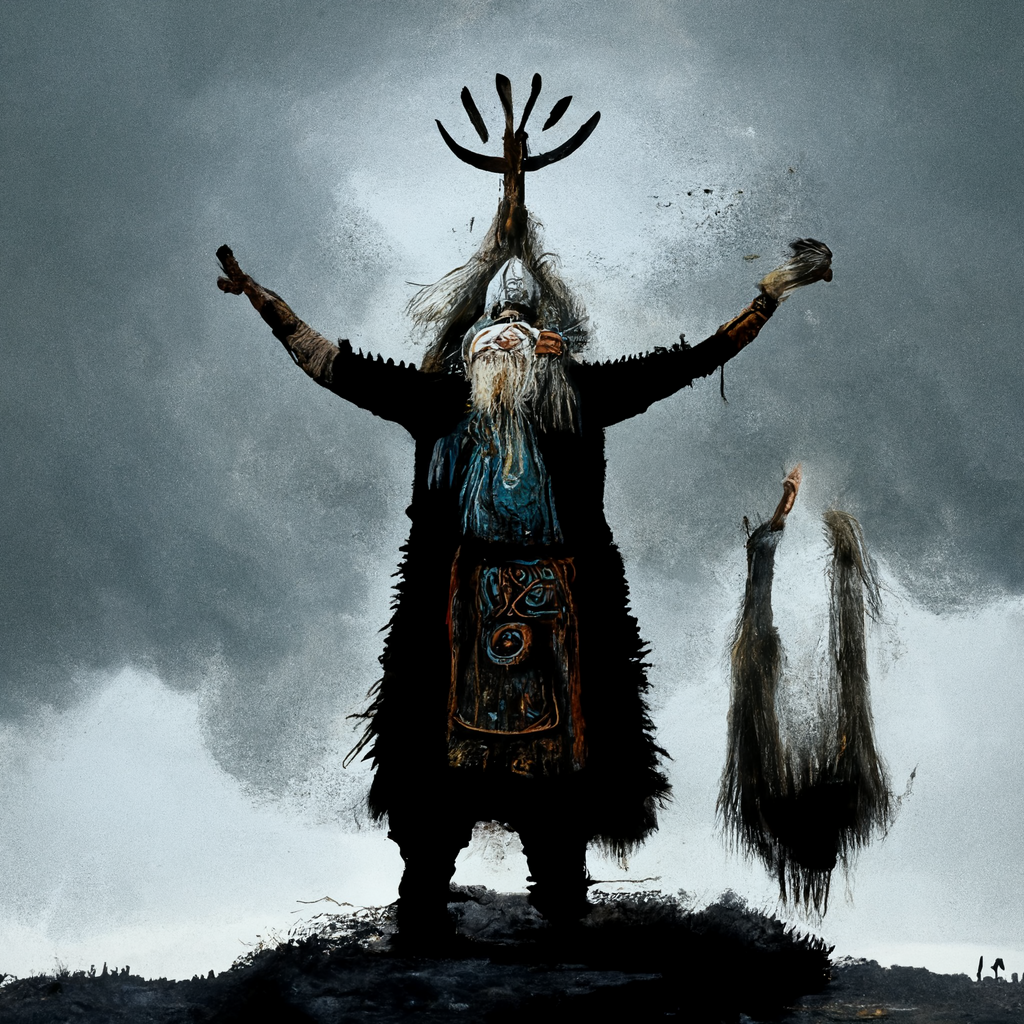 "an old norse thunder shaman with raised hands" made with MidJourney