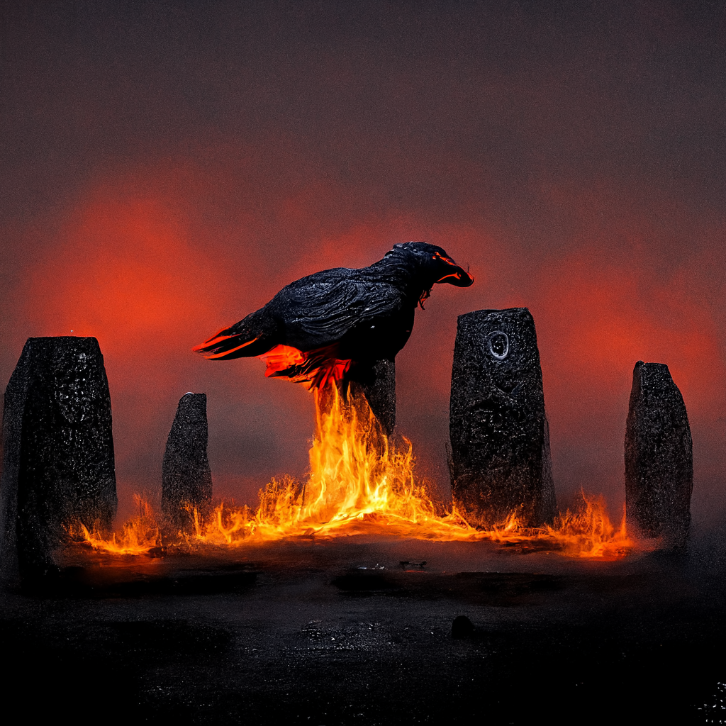 "runic raven monolith surrounded by fire" made with MidJourney