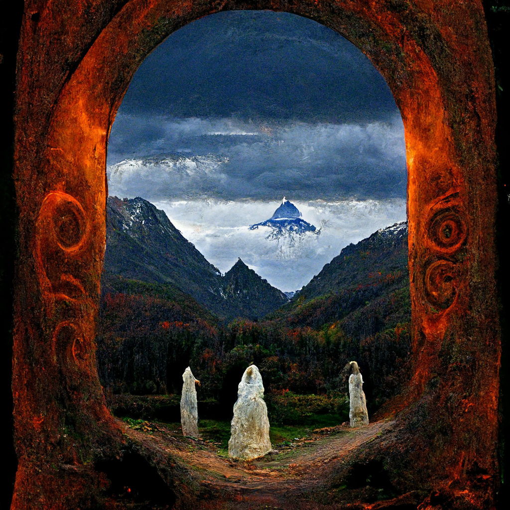 "pagan spirit portal, mountain in background" made with MidJourney