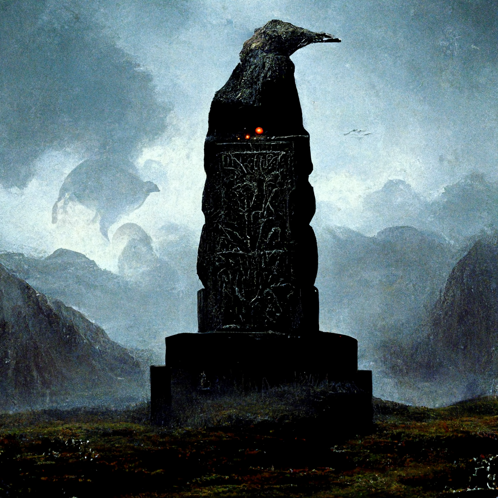 "pagan monolith with a raven perched on top, effigies to the sides" made with MidJourney