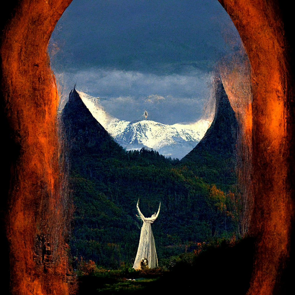"pagan spirit portal, mountain in background" made with MidJourney