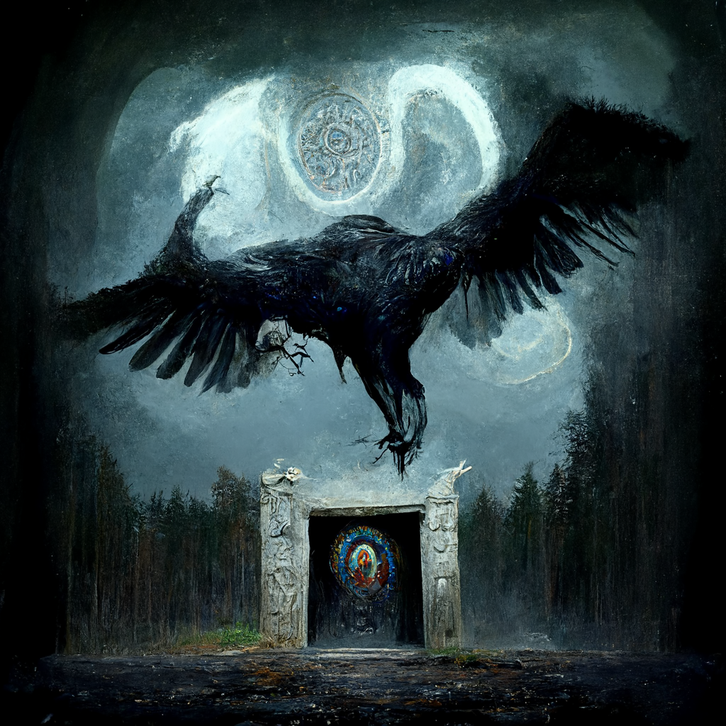"portal of the pagan raven spirit" made with MidJourney