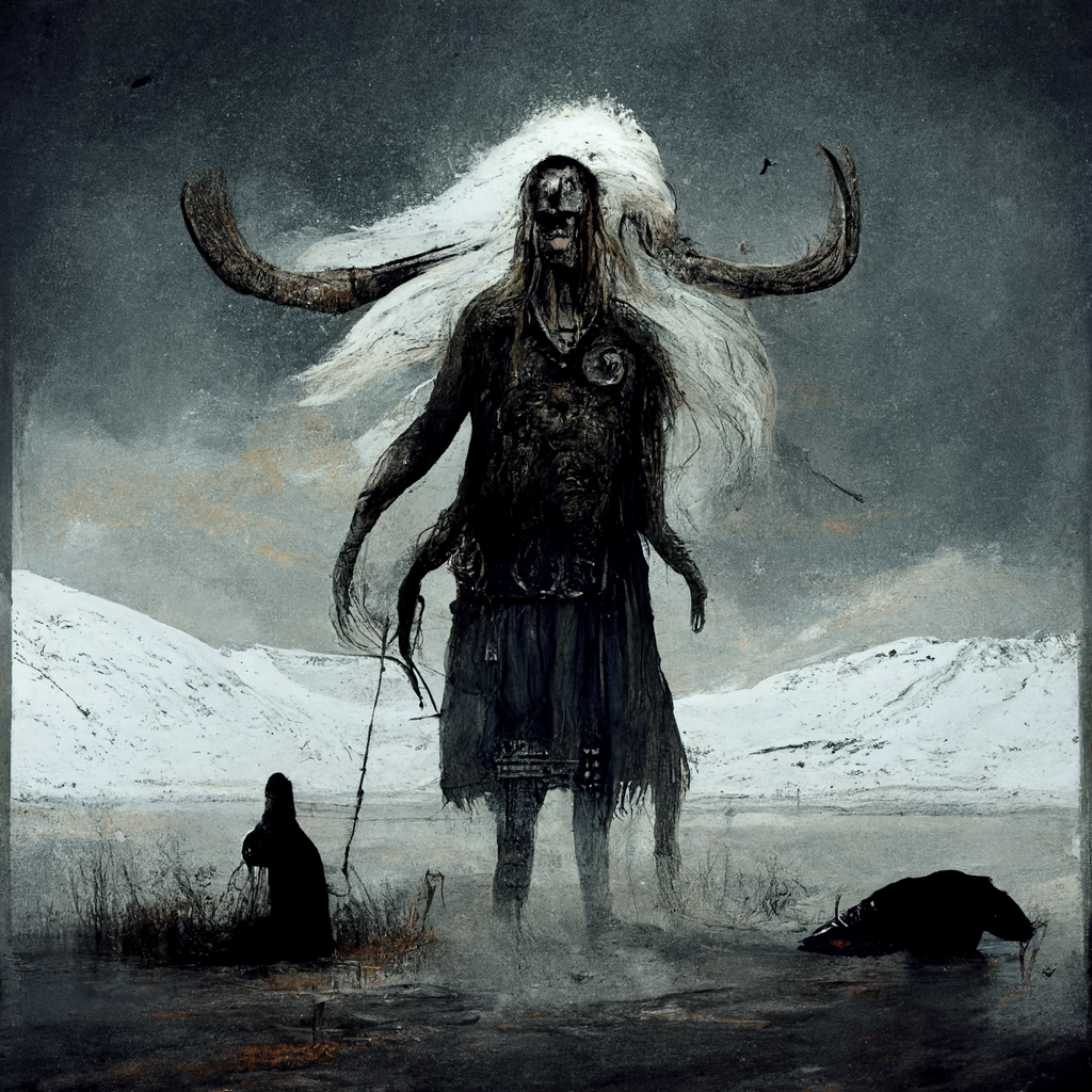 "a tormented afterlife spirit in a norse wasteland" made with MidJourney