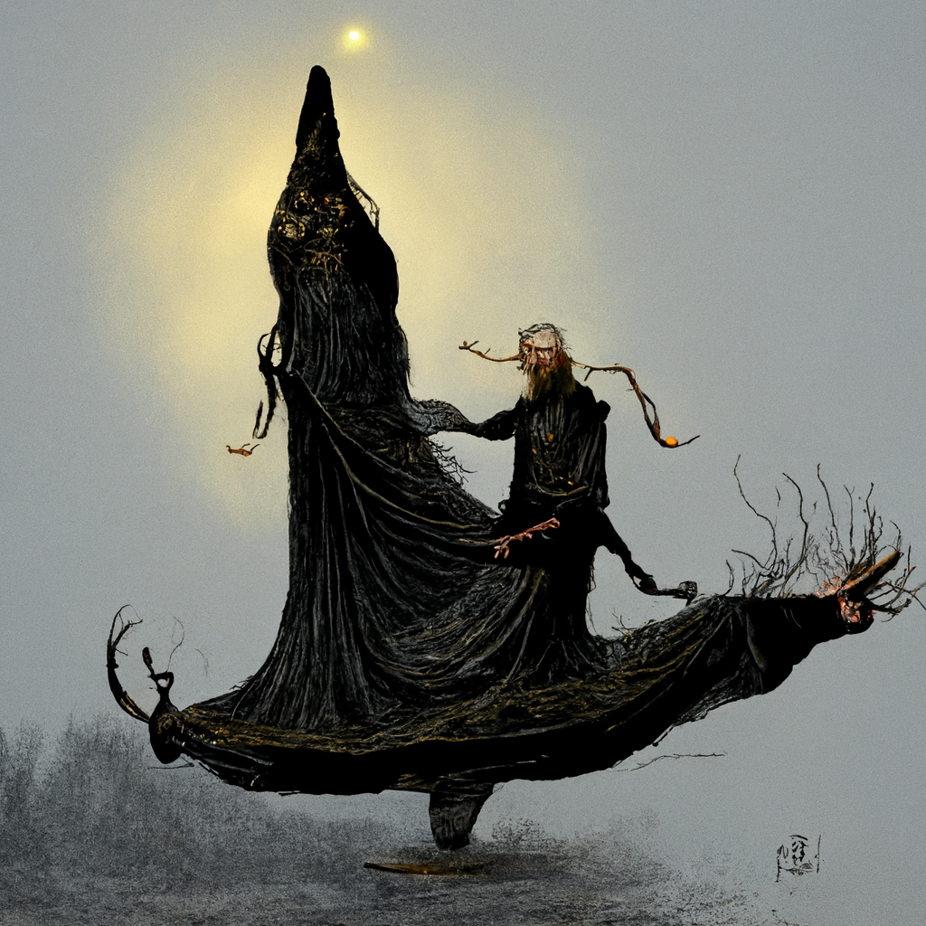 "levitating old norse shadow weaver" made with MidJourney